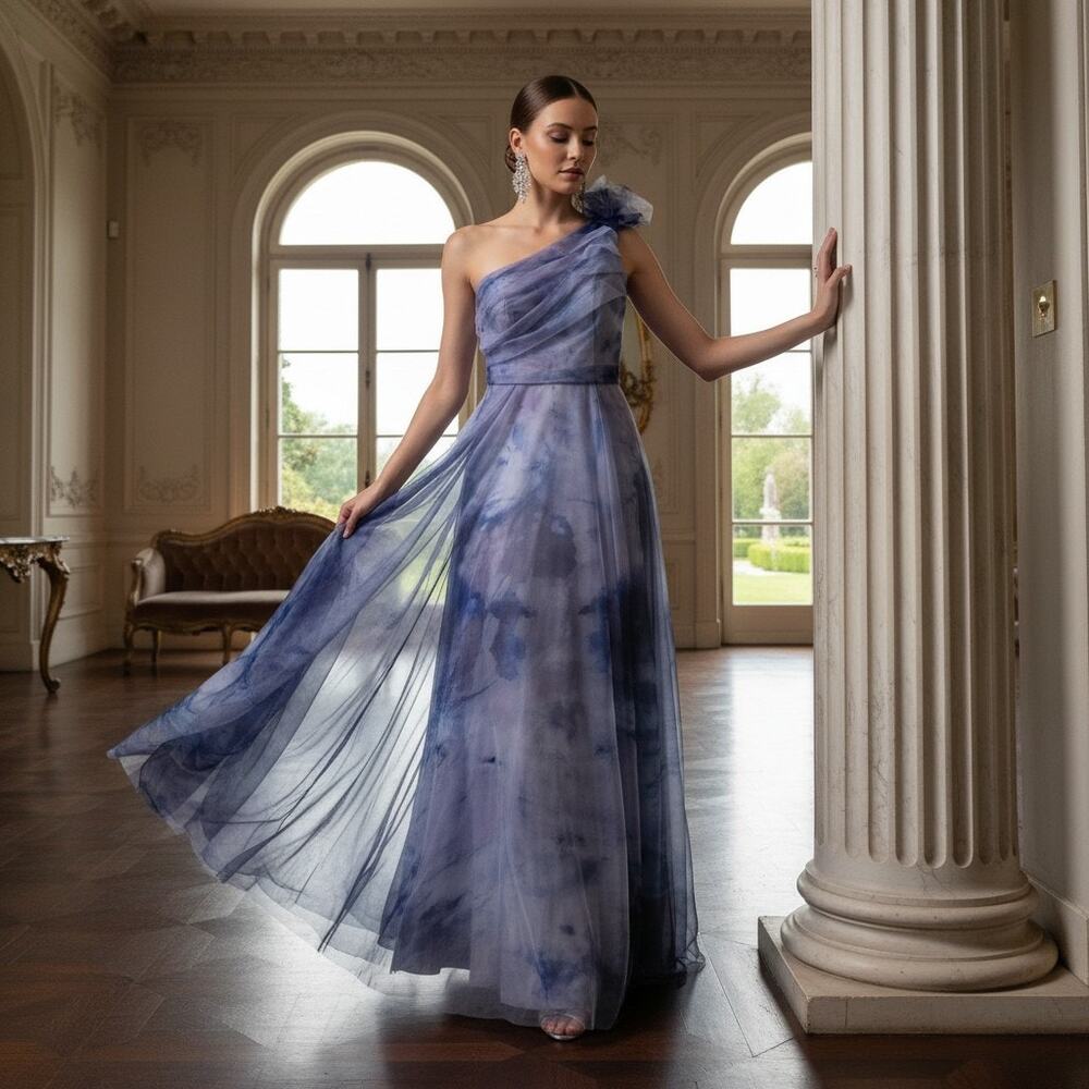 Rene Ruiz Collection Blue‑Lavender Watercolor One‑Shoulder Gown – Size 10, NWT